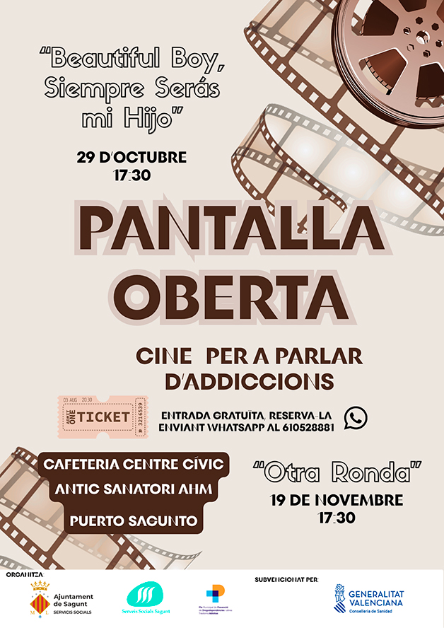 La Concejalía de Servicios Sociales de Sagunto impulsa el ciclo Pantalla Abierta. Cine para hablar de adicciones