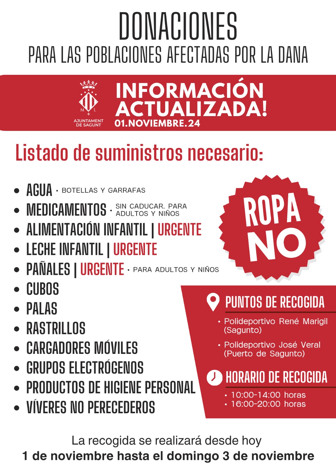 L’Ajuntament de Sagunt demana a les associacions que es troben arreplegant material que porten els donatius als punts de recollida oficial