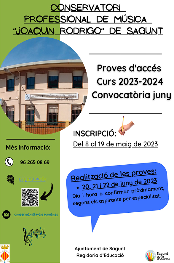 El Conservatori Professional de Música Joaquín Rodrigo de Sagunt obri el període d'inscripció per a les proves d'accés de cara al pròxim curs