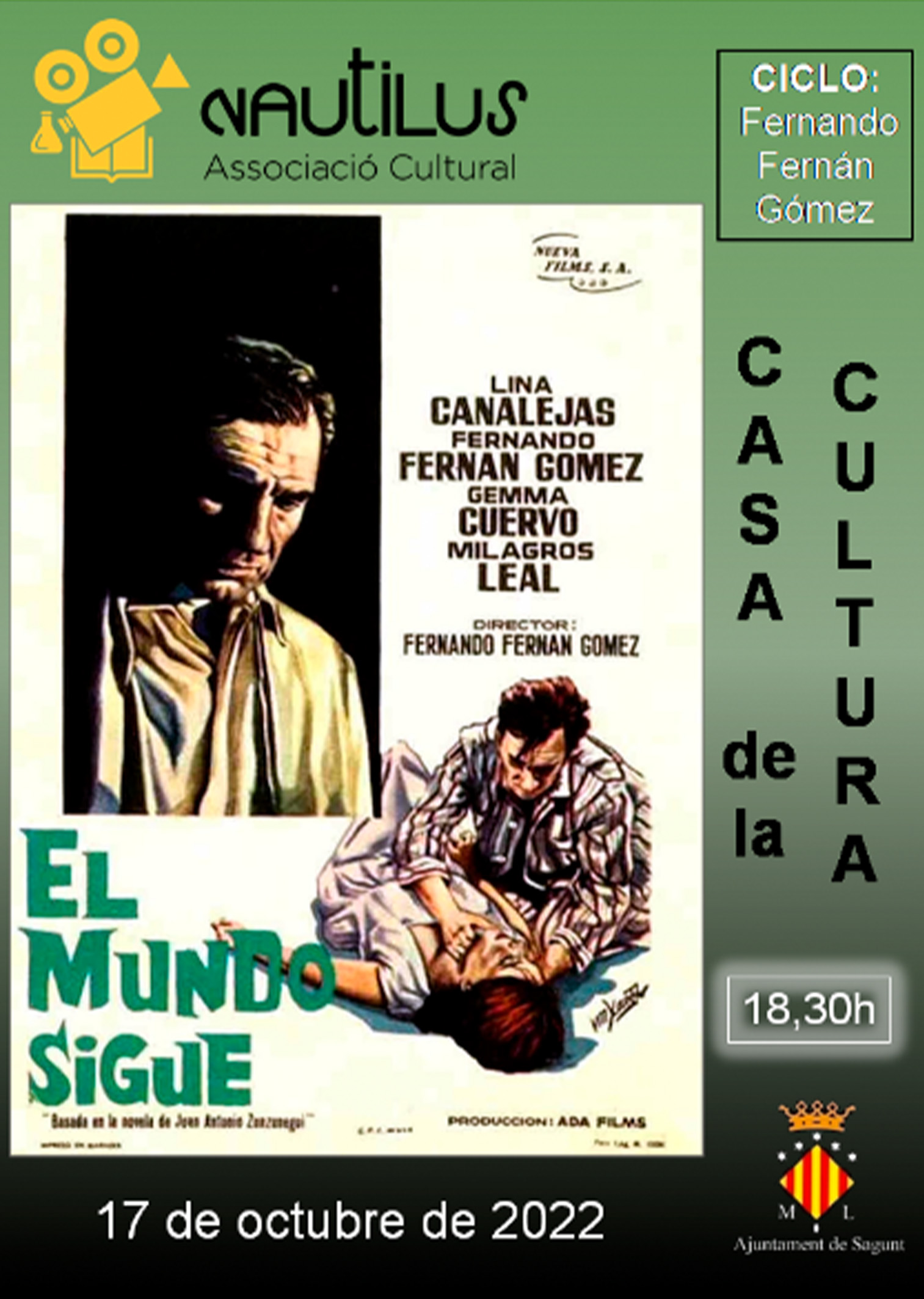 L'Associació Nautilus projectarà esta vesprada a les 18.30 hores la segona pel·lícula del cicle sobre Fernando Fernán Gómez ‘El mundo sigue’