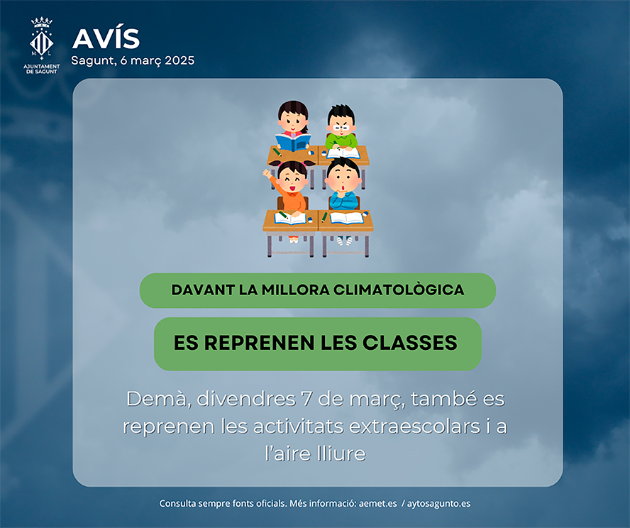 La actividad escolar y educativa se retoma con normalidad el viernes 7 en el Camp de Morvedre