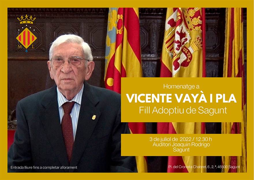 Sagunt homenatjarà el seu fill adoptiu, Vicent Vayá, el diumenge 3 de juliol