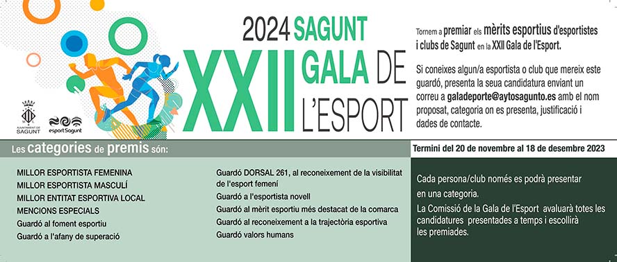 El termini per a presentar candidatures a la XXII Gala de l'Esport ja està obert