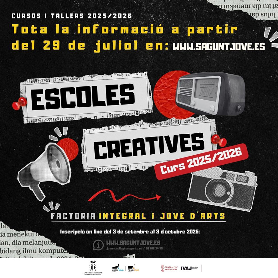 El plazo de inscripción en línea para las Escuelas Creativas de Sagunto comenzará el próximo 3 de septiembre
