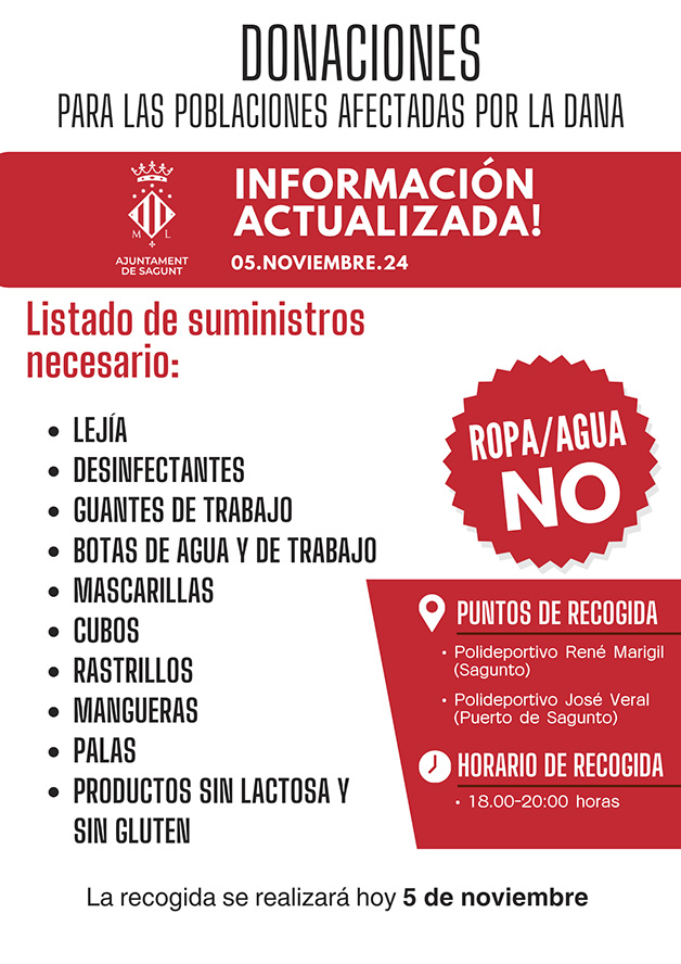 Es reprén la recollida de productes per als municipis afectats per la DANA en els pavellons René Marigil i José Veral