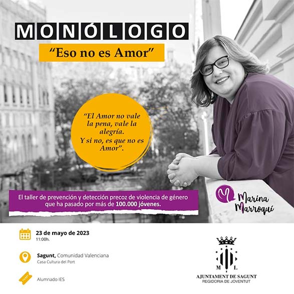 L'Educadora Social i especialista en violència de gènere, Marina Marroquí, farà un monòleg davant 300 jóvens a la Casa Municipal de Cultura