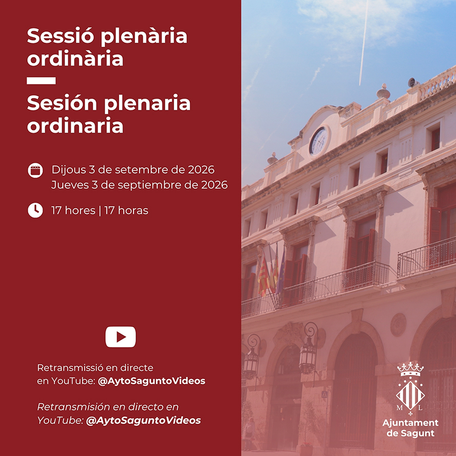 La Corporación Municipal de Sagunto se reúne este jueves en el Pleno ordinario de septiembre