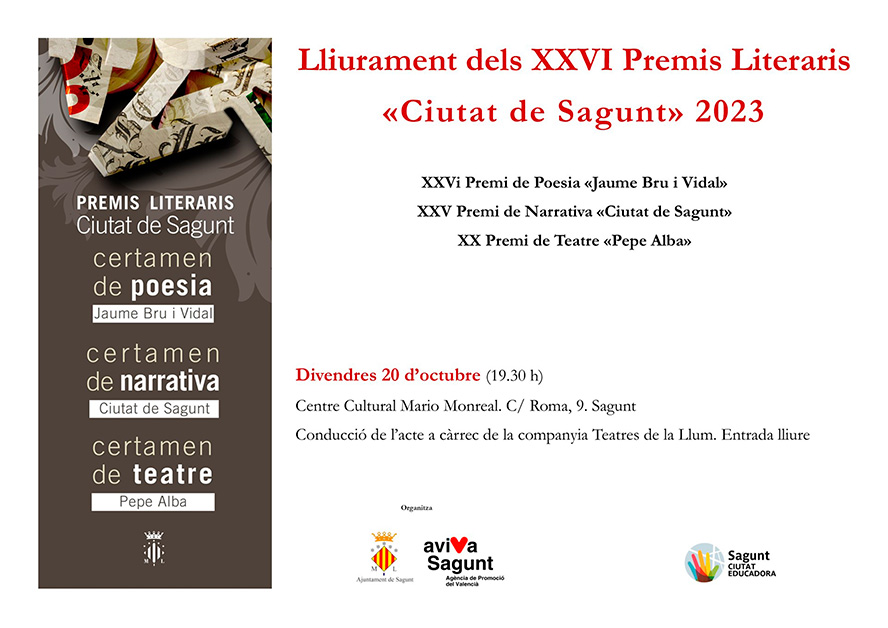 139 originals es disputaran els XXVI Premis Literaris Ciutat de Sagunt que es lliuren el pròxim divendres