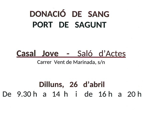 El Casal Jove habilitarà la sala d'actes el pròxim 26 d'abril per a totes aquelles persones que vulguen donar sang
