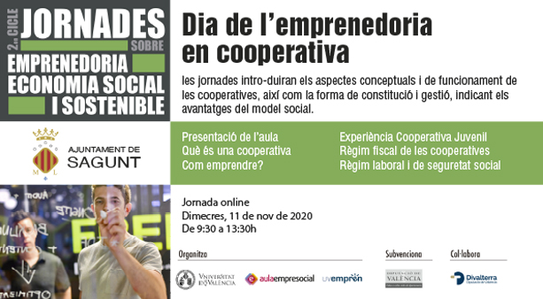 La jornada “Dia de l'Emprenedoria en Cooperatives” arriba a Sagunt de manera en línia l'11 de novembre