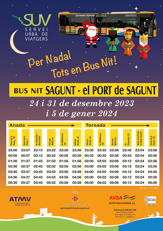 L'Ajuntament de Sagunt amplia el servici d'autobús nocturn durant les festes de Nadal